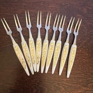 Vtg Mini Forks Cocktail Appetizer Stainless Japan Ivory Plastic Handle Set Of 9